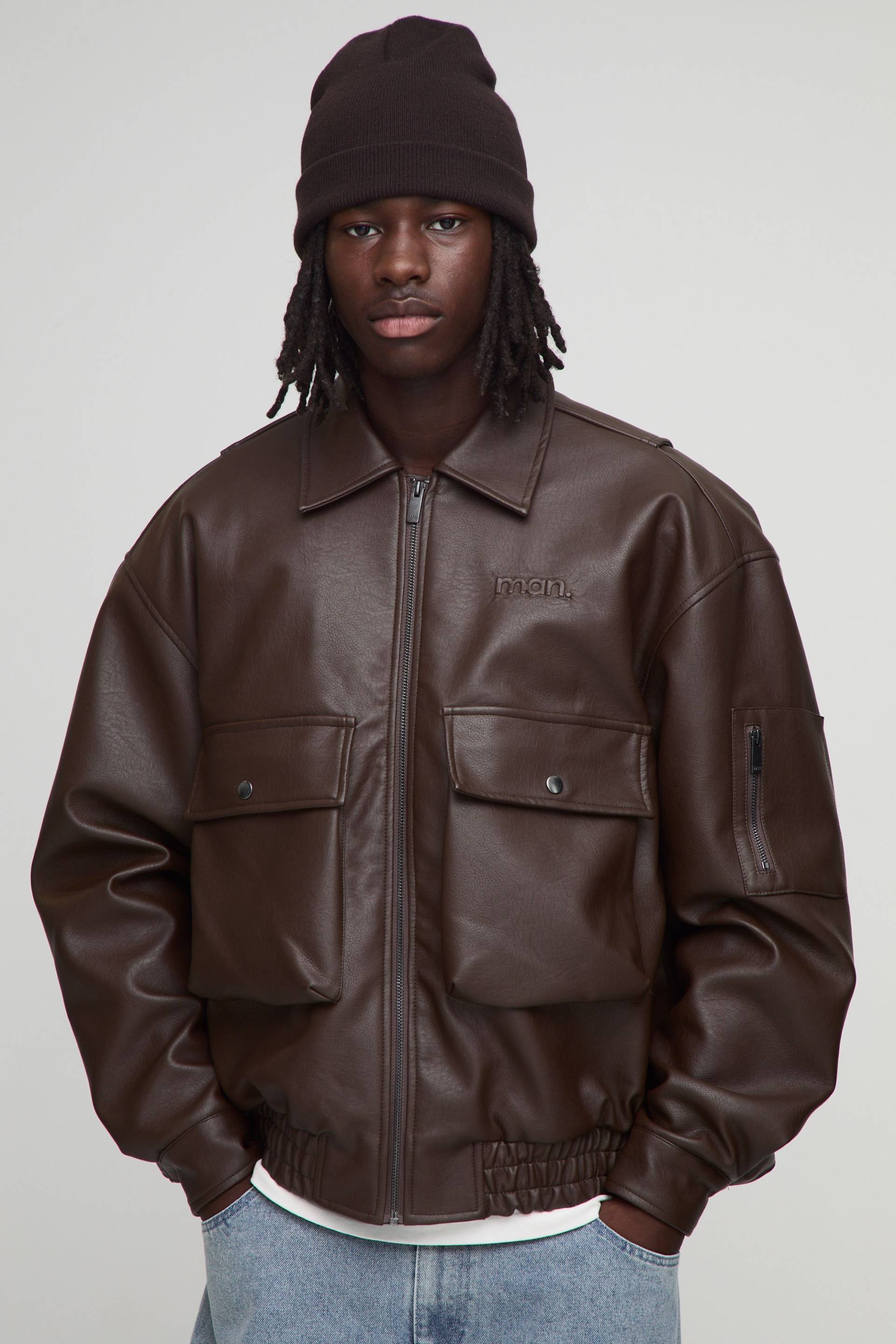 Oversize Bomberjacke mit PU-Kragen - Braun - L, Braun von boohooman