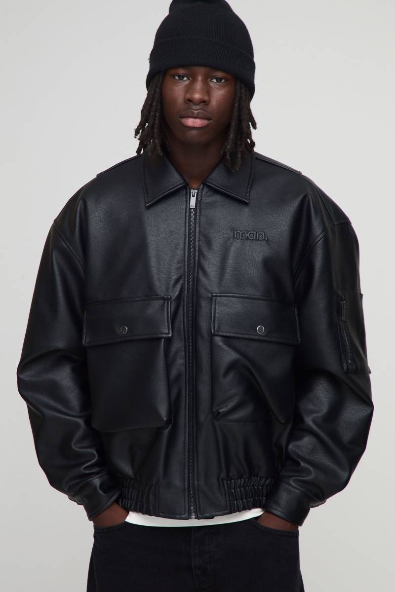 Oversize Bomberjacke mit PU-Kragen - Schwarz - XL, Schwarz von boohooman
