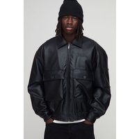 Oversize Bomberjacke mit PU-Kragen - Schwarz - XS, Schwarz von boohooman