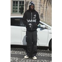 Oversize Hoodie mit Homme Perlen-Verzierung und Reißverschluss - Schwarz - XS, Schwarz von boohooman