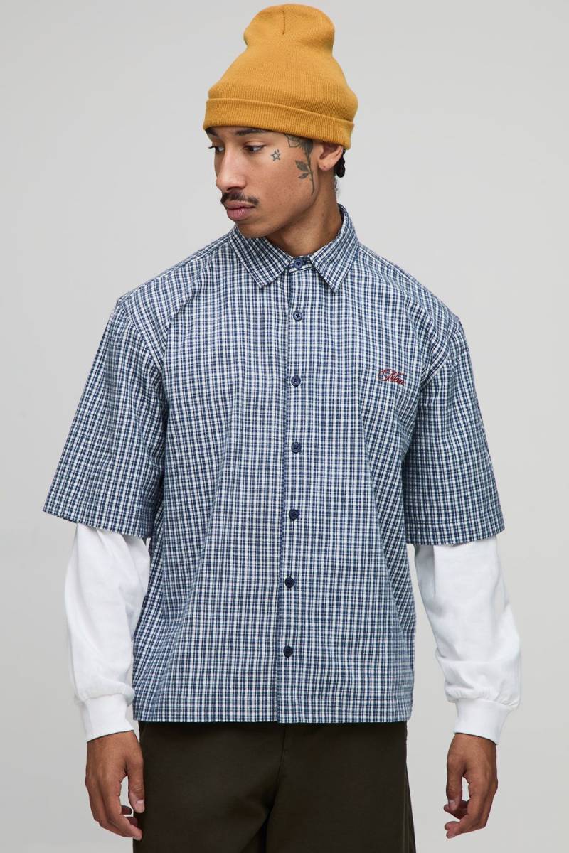 Kariertes Oversize Hemd mit Man-Stickerei - Grau - XS, Grau von boohooman