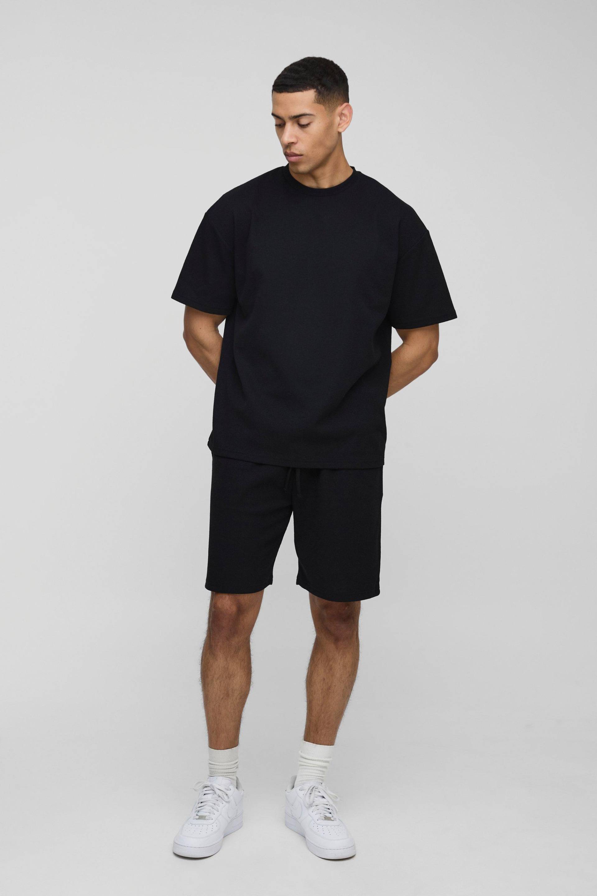 Oversize Man T-Shirt & Shorts in Waffeloptik - Schwarz - XL, Schwarz von boohooman