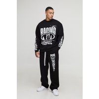 Lockerer Oversize Sweatshirt-Trainingsanzug mit Moto-Print - Schwarz - XL, Schwarz von boohooman