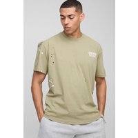 Zerrissenes Oversize Limited Edition T-Shirt mit Farbspritzern - Khaki - S, Khaki von boohooman
