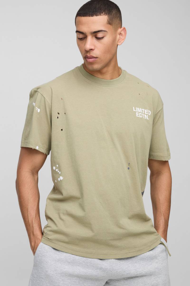 Zerrissenes Oversize Limited Edition T-Shirt mit Farbspritzern - Khaki - S, Khaki von boohooman