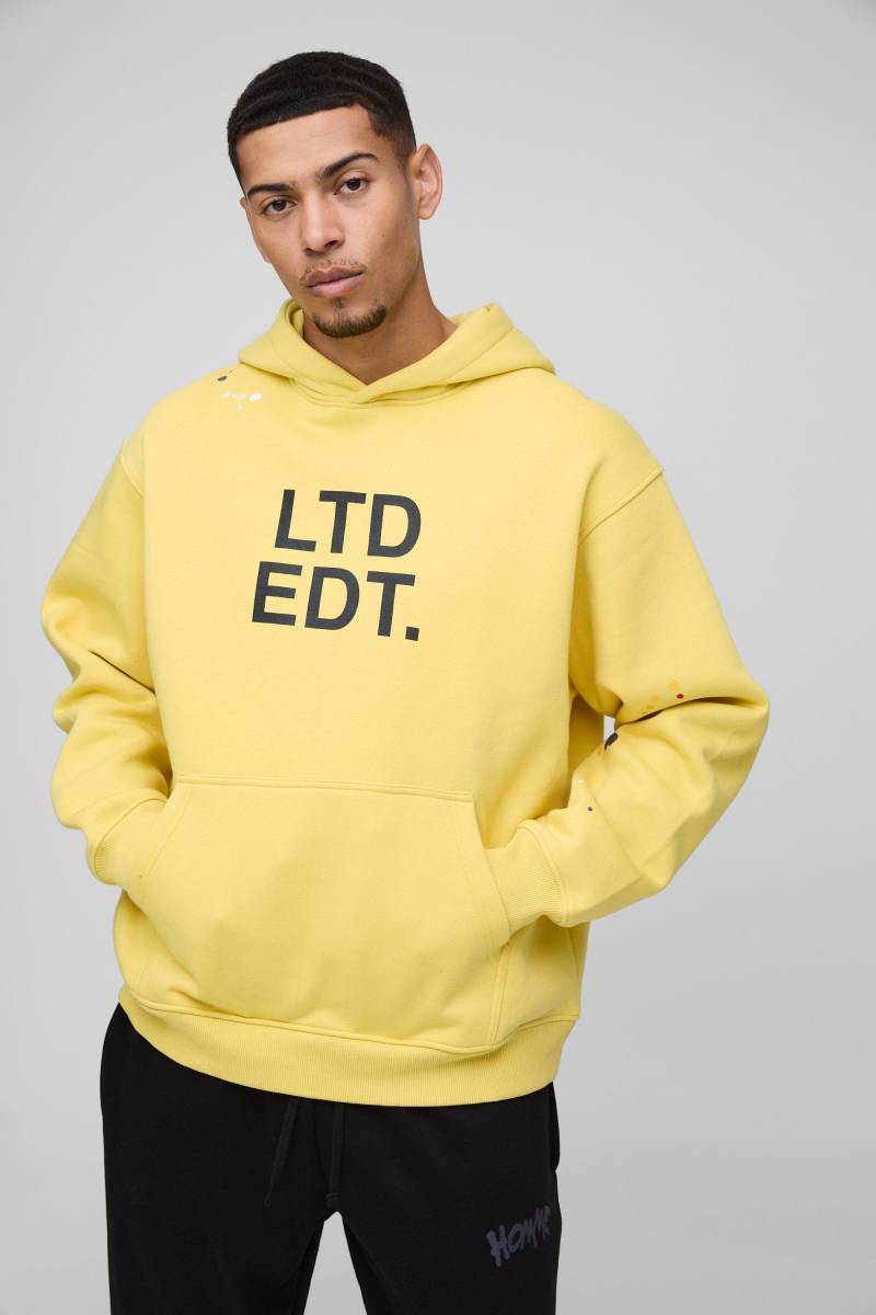 Übergroßer Hoodie mit Farbspritzern und Limited Edition Print - Gelb - M, Gelb von boohooman