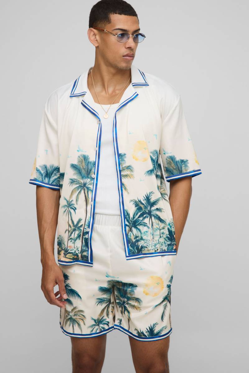 Oversize Satin-Hemd und Shorts mit Palmen-Print - Gelb - XL, Gelb von boohooman