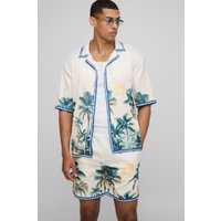 Oversize Satin-Hemd und Shorts mit Palmen-Print - Gelb - XS, Gelb von boohooman