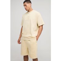 Oversized Peached BM Star Embossed T-Shirt & Drop Crotch Shorts Set - Gelb - XS, Gelb von boohooman
