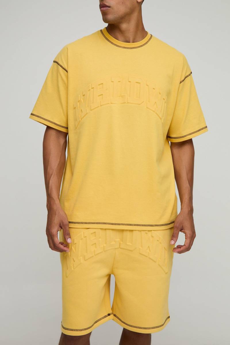Oversize T-Shirt mit Kontrast-Naht & Shorts - Gelb - XL, Gelb von boohooman