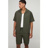 Kurzärmliges Oversize Stretch-Hemd & Shorts - Khaki - M, Khaki von boohooman