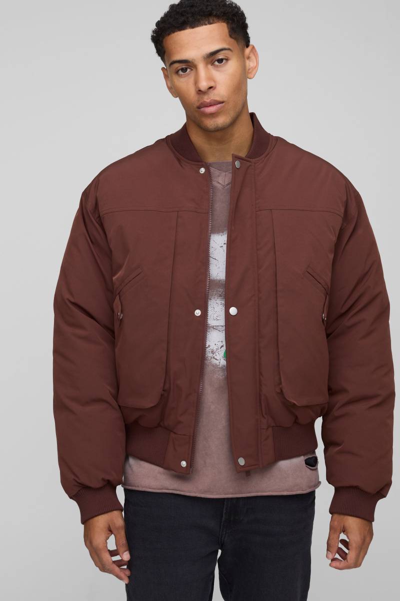 Oversize Nylon Bomberjacke mit Naht-Detail - Braun - XL, Braun von boohooman