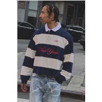 Kastiges gestreiftes Oversize Rugby-Poloshirt mit New York Stickerei - Blau - S, Blau von boohooman