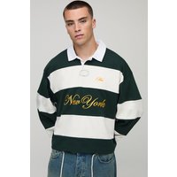 Kastiges gestreiftes Oversize Rugby-Poloshirt mit New York Stickerei - Grün - L, Grün von boohooman