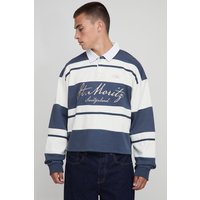 Kastiges gestreiftes Oversize Rugby-Poloshirt mit St. Moritz Stickerei - Blau - XS, Blau von boohooman