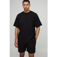 Strukturiertes geripptes Oversize T-Shirt & lockere Shorts - Schwarz - L, Schwarz von boohooman