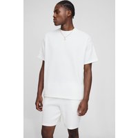 Strukturiertes geripptes Oversize T-Shirt & lockere Shorts - Weiß - L, Weiß von boohooman