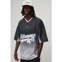Oversize T-Shirt mit V-Ausschnitt und Homme Stern-Print - Grau - L, Grau von boohooman