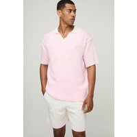 Kurzärmliges Oversize Poloshirt mit V-Ausschnitt & Shorts - Rosa - XL, Rosa von boohooman