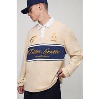 Besticktes Oversize Rugby-Poloshirt - Beige - M, Beige von boohooman