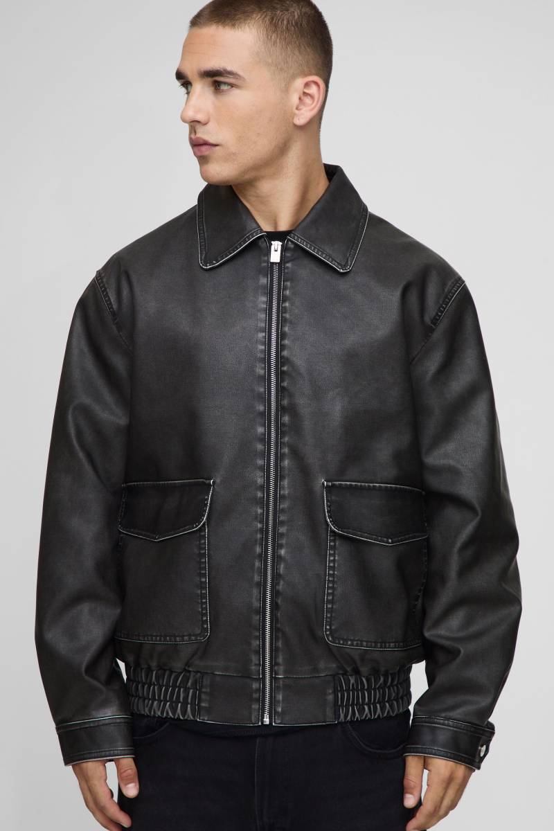 Oversize PU Bomberjacke mit Taschen-Detail und Kragen - Schwarz - S, Schwarz von boohooman