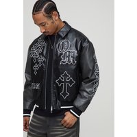 Kastige PU-Bomberjacke mit Applikations - Schwarz - XS, Schwarz Kastige PU-Bomberjacke mit Applikations - Schwarz - XS, Schwarz von boohooman