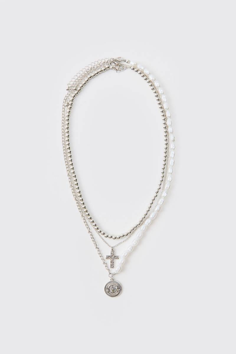 Perlenkette mit Anhängern - Silber - ONE SIZE, Silber von boohooman
