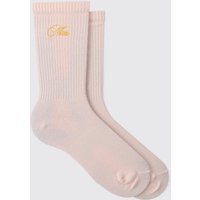 Pinke gerippte Sportsocken mit Man-Stickerei - Rosa - ONE SIZE, Rosa von boohooman