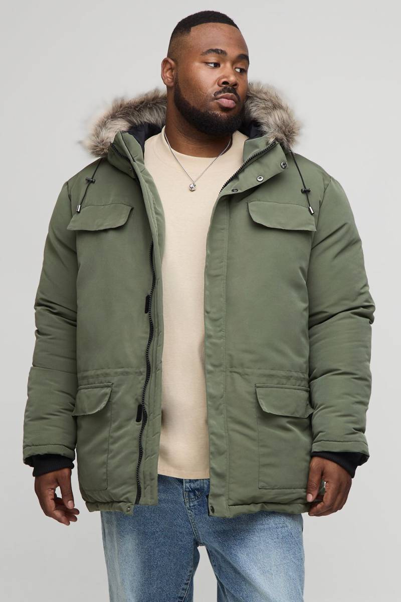 Plus Arctic Parka mit Kunstpelzkapuze - Khaki - 5XL, Khaki von boohooman