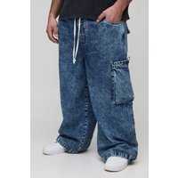 Plus Cargo-Jeans mit Acid-Waschung und Kordelzug - mid wash - 44, mid wash von boohooman