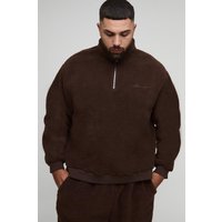 Plus Borg-Sweatshirt mit Bhm-Stickerei und Reißverschluss - Braun - 4XL, Braun von boohooman