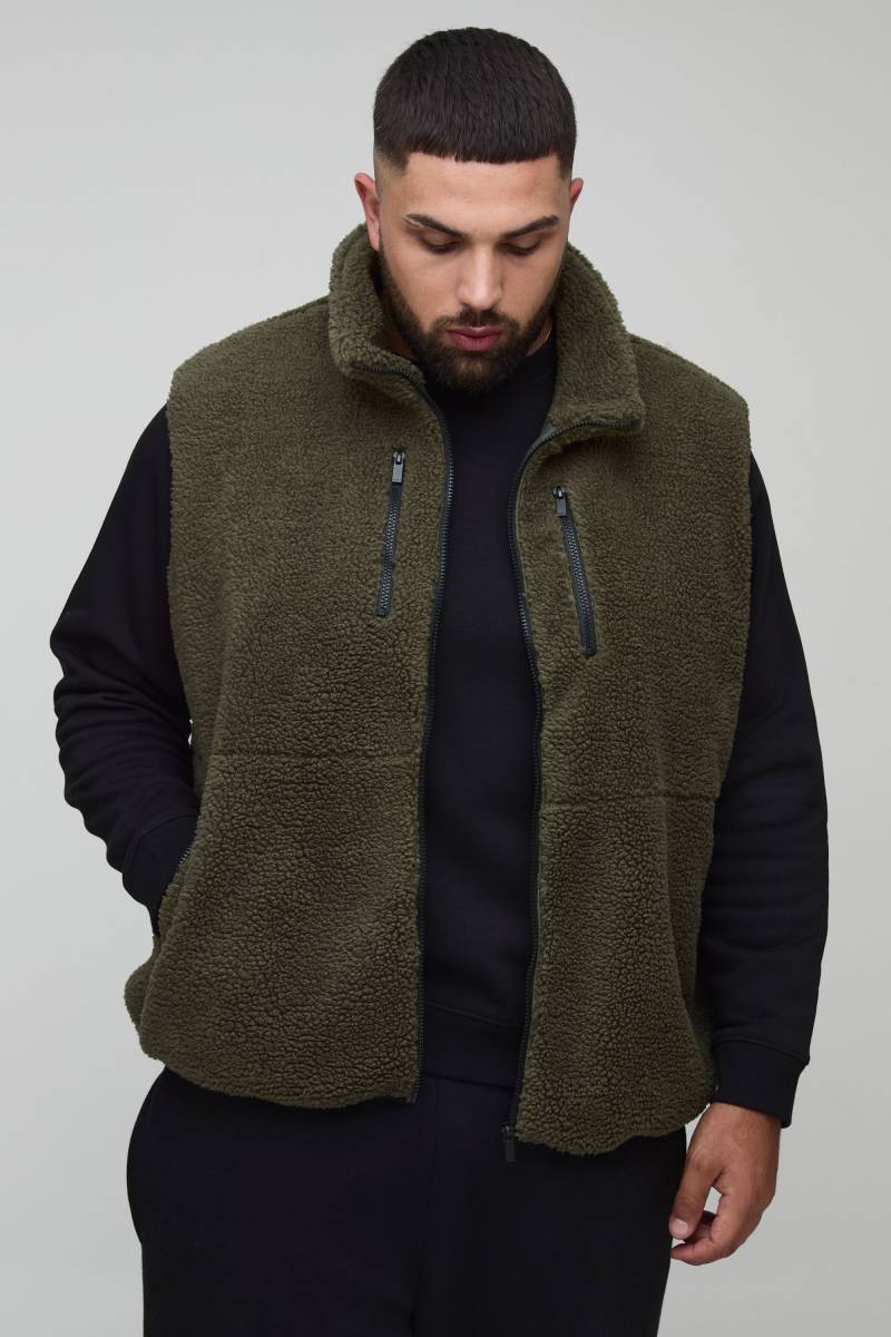 Plus Borg-Weste mit Reißverschluss - Khaki - 2XL, Khaki von boohooman