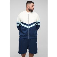 Plus Man Colorblock Trikot-Jacke mit Trichterkragen & Oversize Shorts - Blau - 3XL, Blau von boohooman