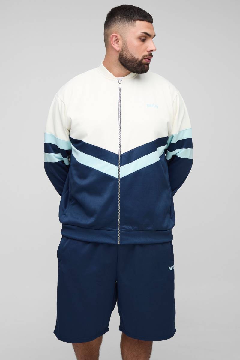 Plus Man Colorblock Trikot-Jacke mit Trichterkragen & Oversize Shorts - Blau - 4XL, Blau von boohooman
