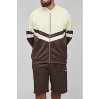 Plus Man Colorblock Trikot-Jacke mit Trichterkragen & Oversize Shorts - Braun - 2XL, Braun von boohooman