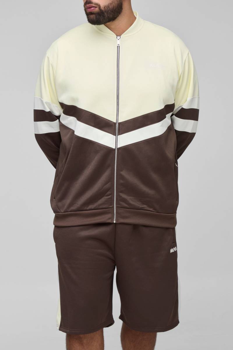 Plus Man Colorblock Trikot-Jacke mit Trichterkragen & Oversize Shorts - Braun - 5XL, Braun von boohooman