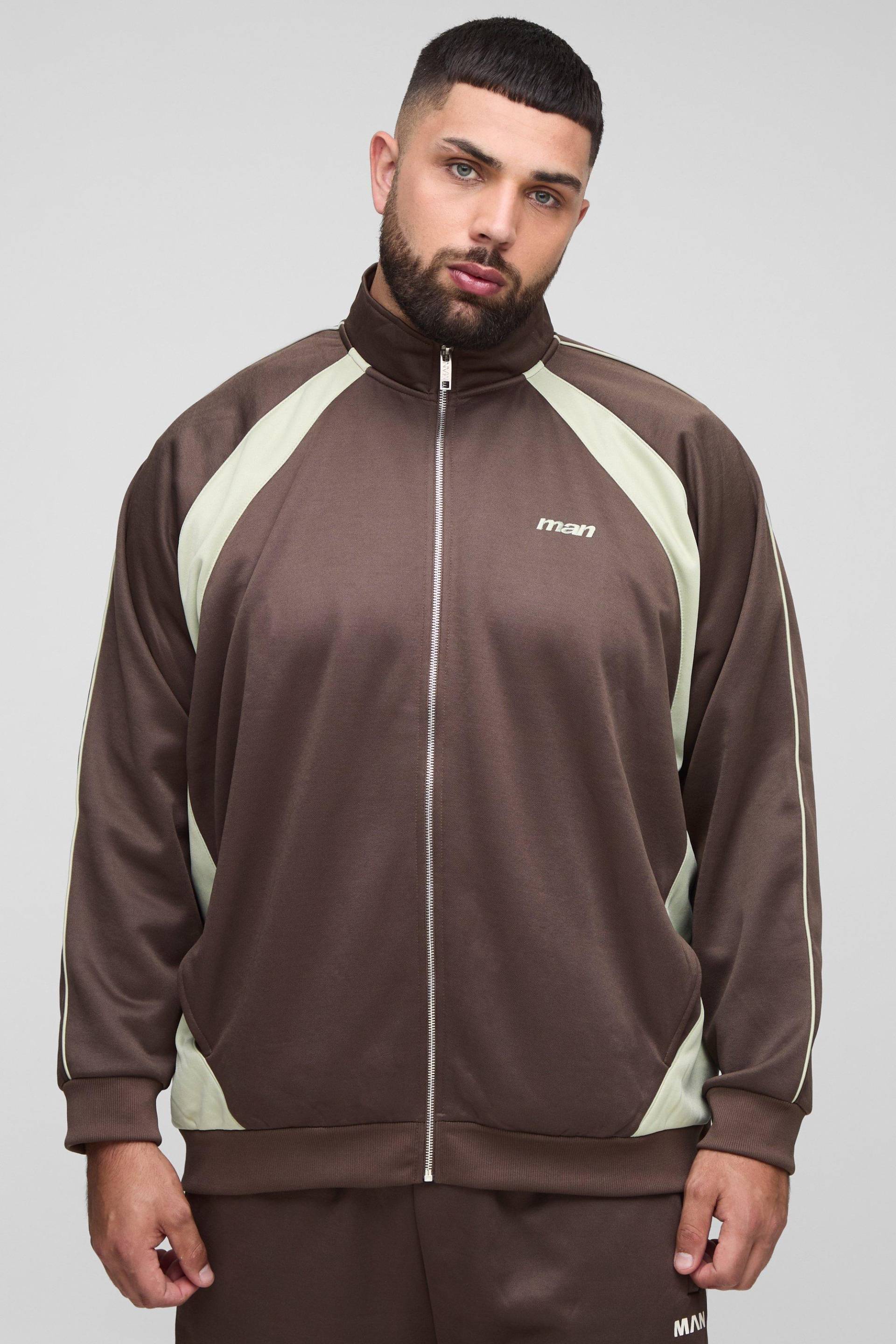 Plus Man Colorblock Trikot-Trainingsoberteil mit Trichterkragen - Braun - 2XL, Braun von boohooman