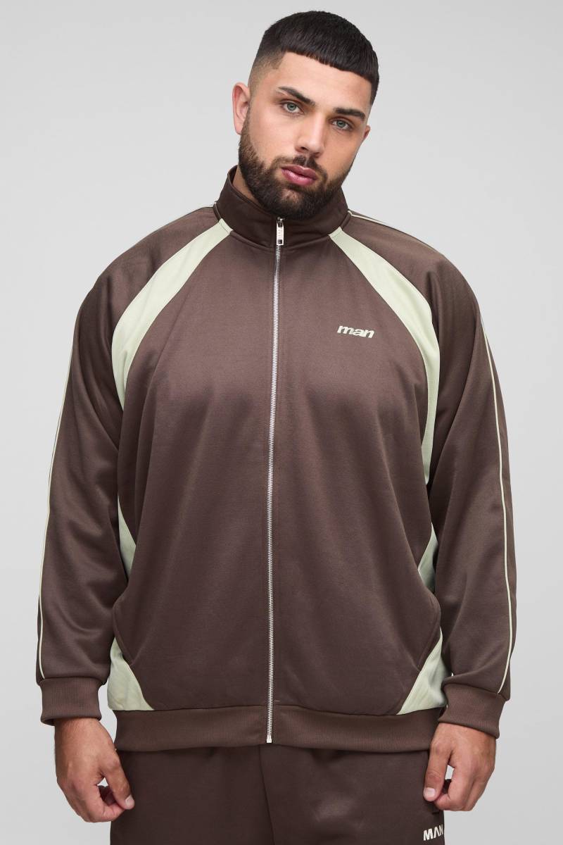 Plus Man Colorblock Trikot-Trainingsoberteil mit Trichterkragen - Braun - 4XL, Braun von boohooman