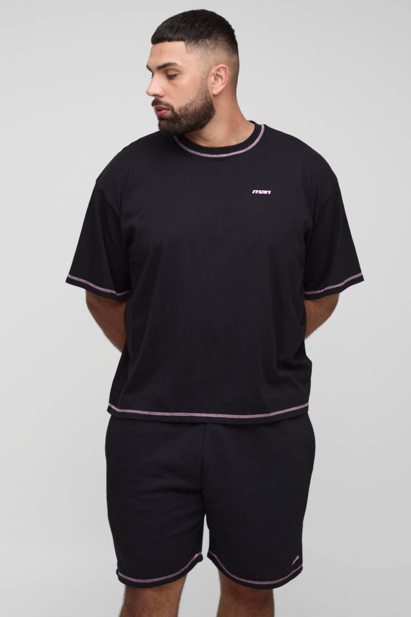 Plus Official Man Contrast Stitch Oversized Boxy T-Shirt & Relaxed Jersey Short Set - Schwarz - 3XL, Schwarz von boohooman
