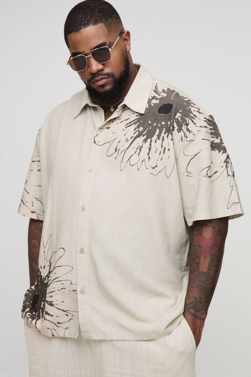 Plus Oversize Hemd in Leinenoptik mit floralem Print - Grau - XXXXL, Grau von boohooman