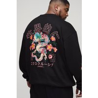Plus Oversize Sweatshirt mit floralem Oversize Drachen-Print - Schwarz - 5XL, Schwarz von boohooman