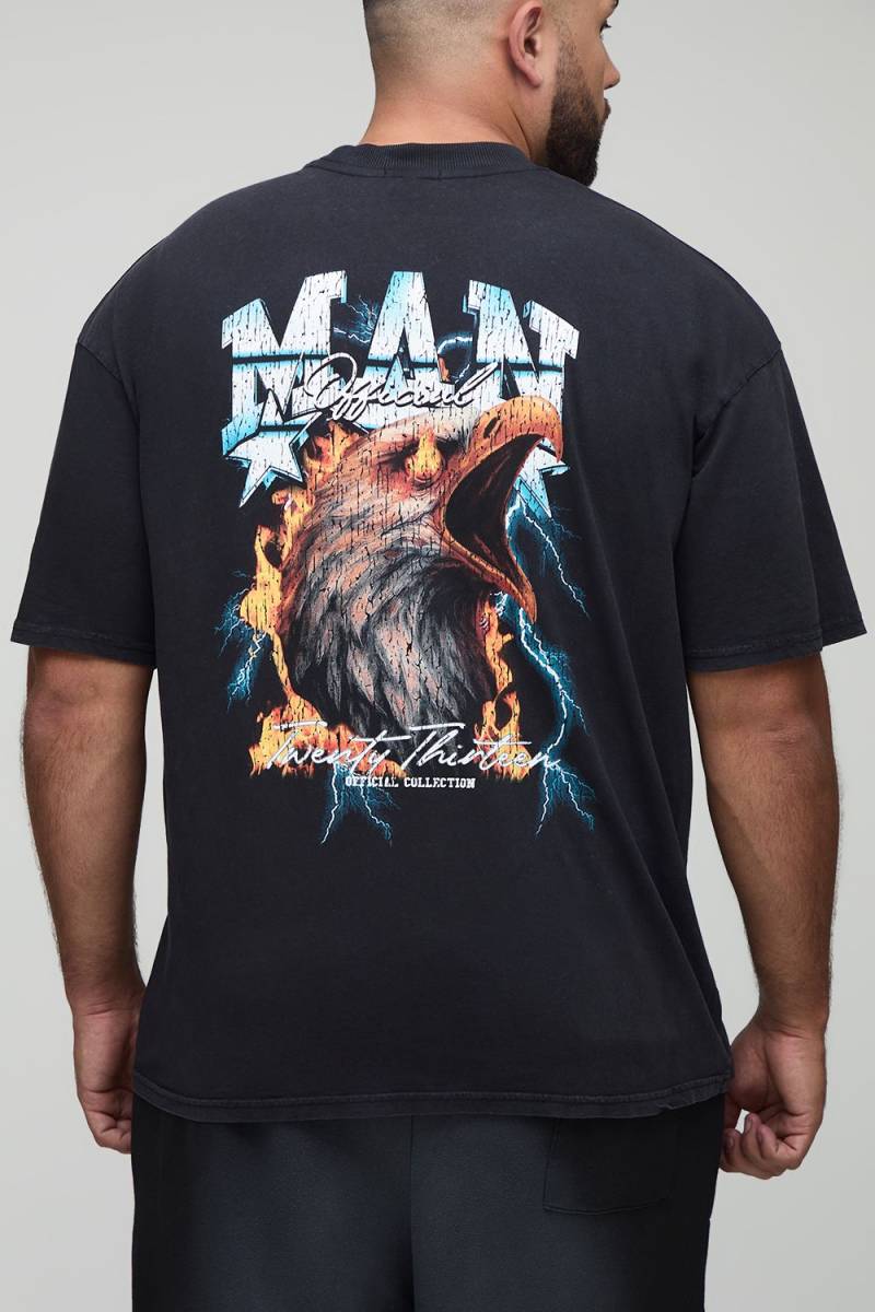 Plus Oversize T-Shirt mit Acid-Waschung und Man Adler-Print - acid wash black - 4XL, acid wash black von boohooman