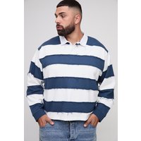 Plus kastiges zerrissenes langärmliges Oversize Rugby-Poloshirt - Blau - 2XL, Blau von boohooman