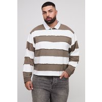 Plus kastiges zerrissenes langärmliges Oversize Rugby-Poloshirt - Braun - 5XL, Braun von boohooman