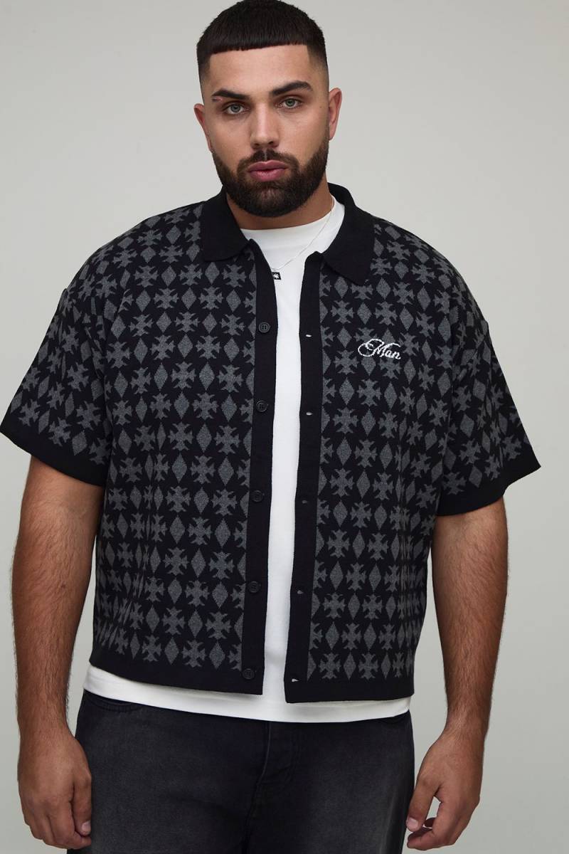 Plus Oversized Boxy Fit Jacquard Patch Knitted Shirt - Schwarz - 2XL, Schwarz von boohooman
