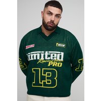 Plus langärmliges kastiges Oversize Moto Jacquard T-Shirt - Grün - 2XL, Grün von boohooman