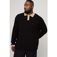 Plus Oversized Contrast Placket Knitted Polo Shirt von boohooman