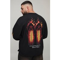 Plus langärmliges Oversize T-Shirt mit Flammen-Print - Schwarz - 2XL, Schwarz von boohooman