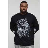 Plus Oversized Extended Neck Gothic Print Long Sleeve T-Shirt - Schwarz - 3XL, Schwarz von boohooman