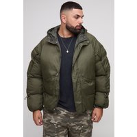 Plus Oversized Fit Ruched Sleeve Panelled Puffer Jacket - Khaki - 2XL, Khaki von boohooman